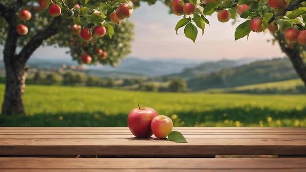 Manzana en el producto de fruta de mesa de madera.