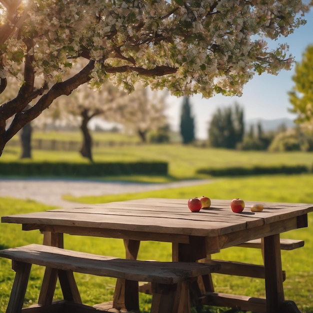 Manzana en el producto de fruta de mesa de madera.