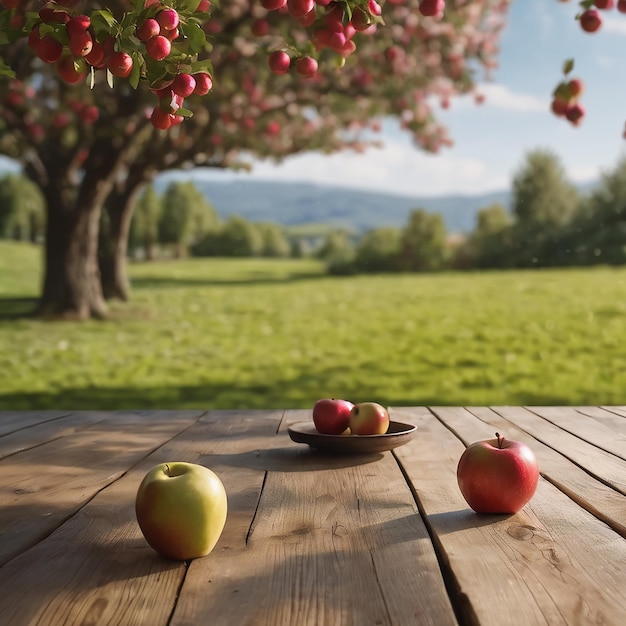 Manzana en el producto de fruta de mesa de madera.