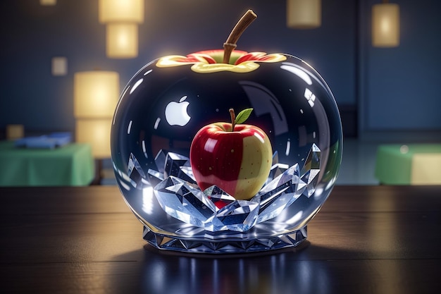 Una manzana real dentro de una manzana hecha de cristal.