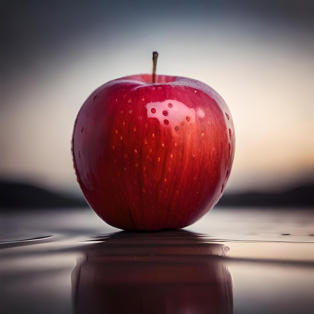 Una manzana con un reflejo de una montaña en el fondo