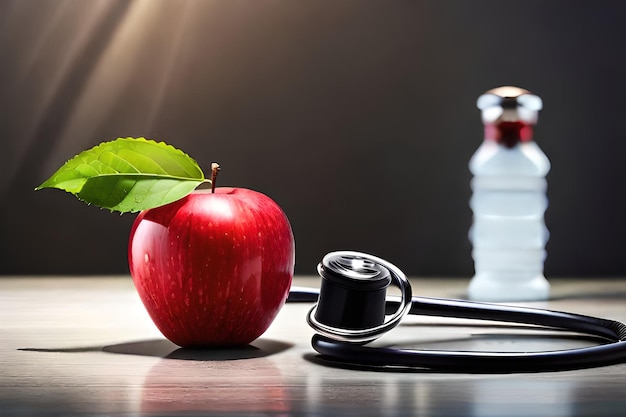 Una manzana roja y una botella de agua sobre una mesa.