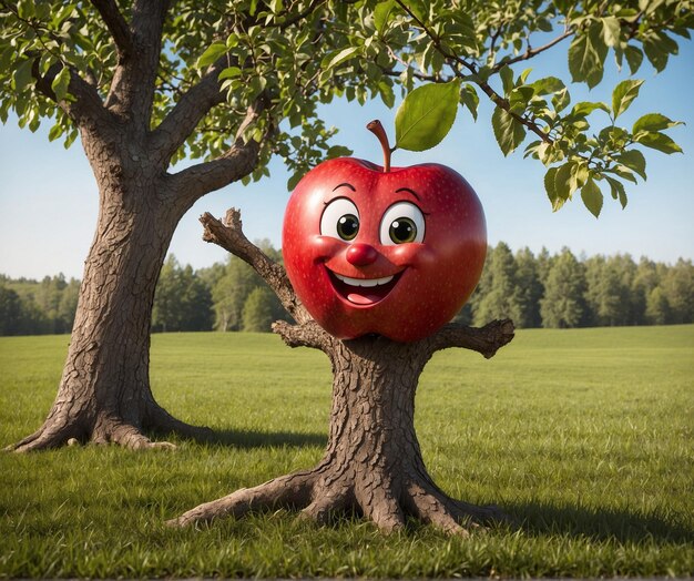 una manzana roja con una cara en ella se sienta en un árbol