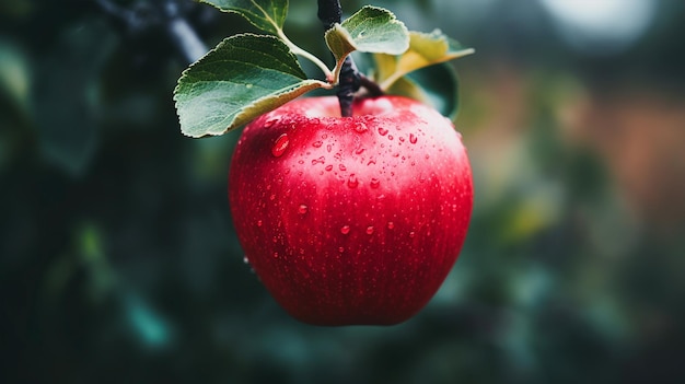 Una manzana roja colgando de la rama de un árbol de manzanas