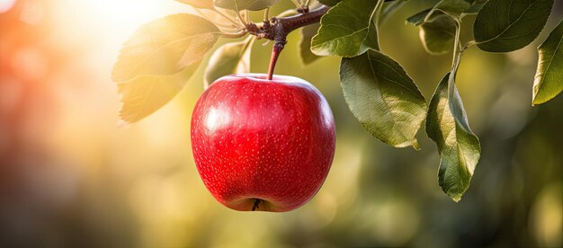 Manzana roja colgando de la rama del árbol