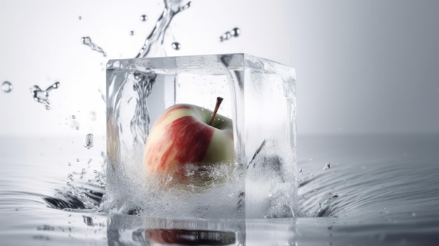 Foto manzana roja congelada en cubo de hielo con salpicaduras de agua movimiento congelado ia generativa