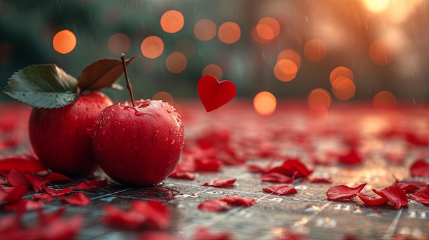 Manzana roja con corazón y pétalos de rosa en el fondo del Día de San Valentín.