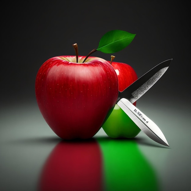 Una manzana roja y un cuchillo están al lado de una manzana verde.