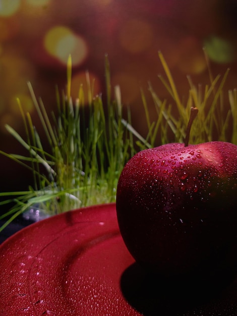 Manzana roja en un elegante plato rojo sobre un fondo oscuro