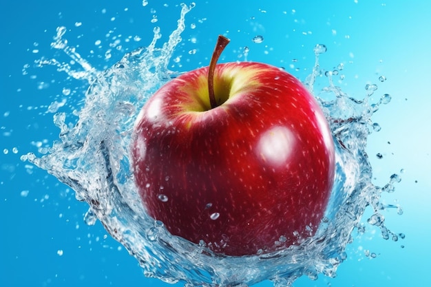 Una manzana roja está en el agua con un fondo azul.