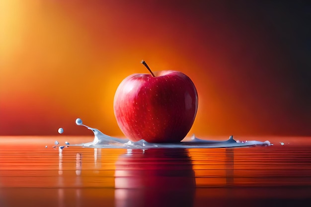 Una manzana roja está en un chorrito de agua.