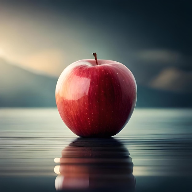 Una manzana roja está en un fondo negro con una puesta de sol en el fondo