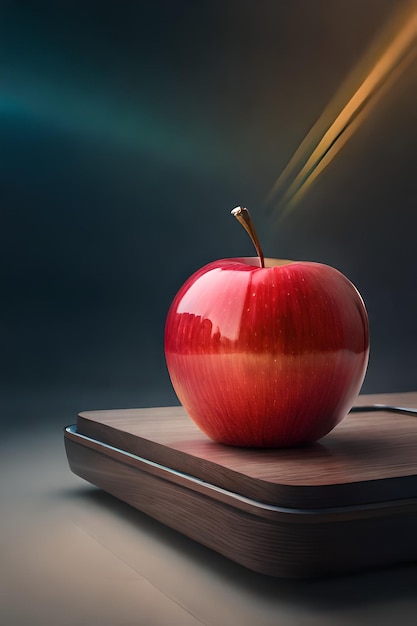 Una manzana roja está iluminada sobre una superficie de madera de la que sale una luz.