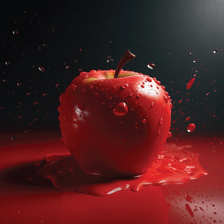 Una manzana roja está sobre un fondo negro con gotas de agua.