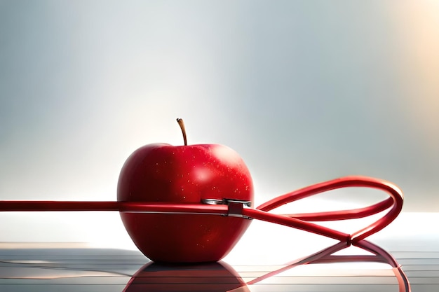 Una manzana roja está sobre una mesa con un cable conectado.