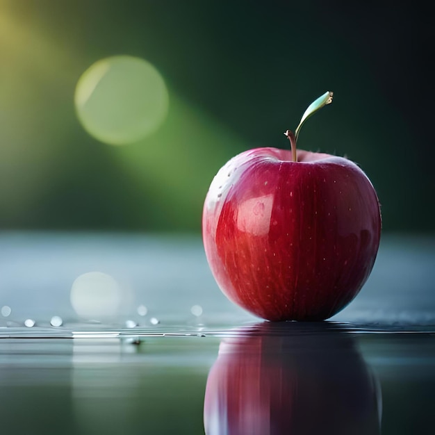 Una manzana roja con un fondo verde y un reflejo de una luz verde