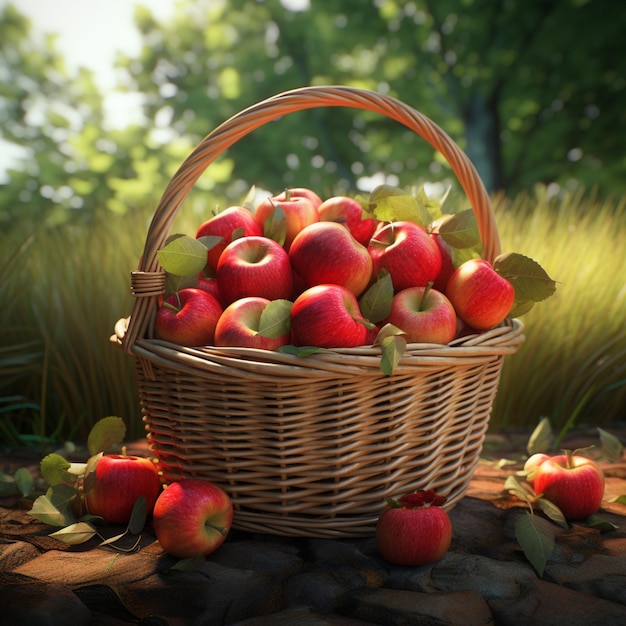 Manzana roja fresca con cesta de mimbre