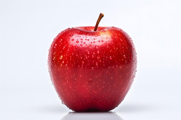 Manzana roja con gotas de agua aisladas sobre fondo blanco.