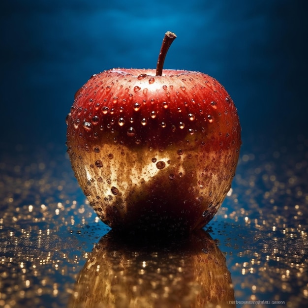 una manzana roja con gotas de agua en ella y un reflejo de las gotas de water en la superficie.