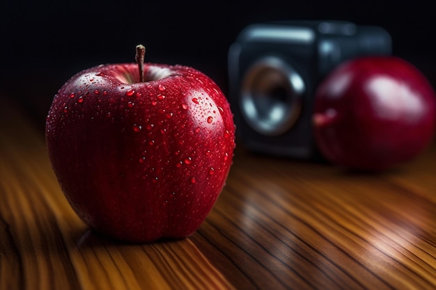 una manzana roja con gotas de agua en ella se sienta en una mesa de madera.