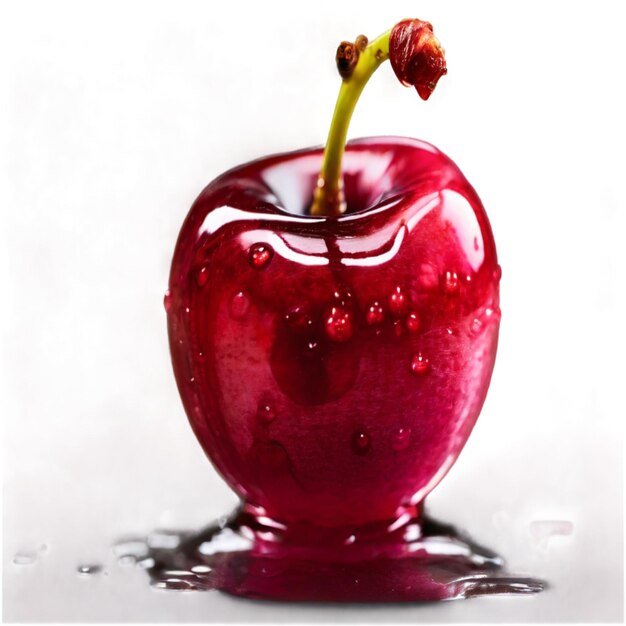 una manzana roja con gotas de agua en ella y un tallo con gotes de agua