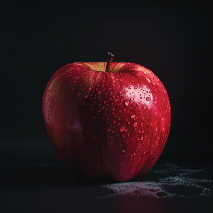 Una manzana roja con gotas de agua en ella