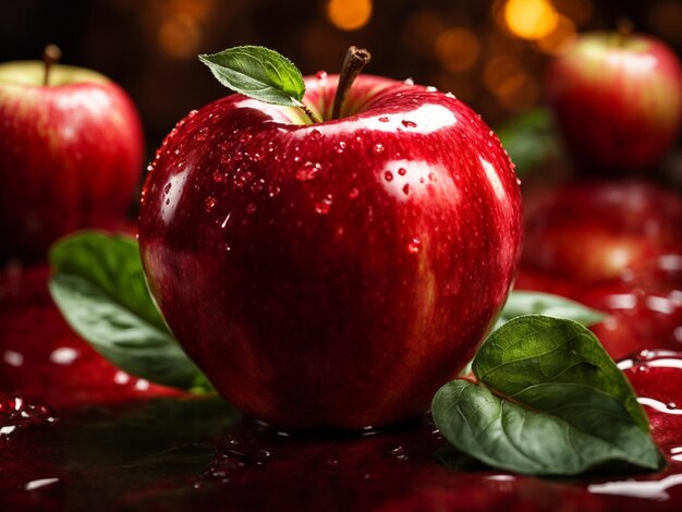 una manzana roja con gotas de agua en ella.