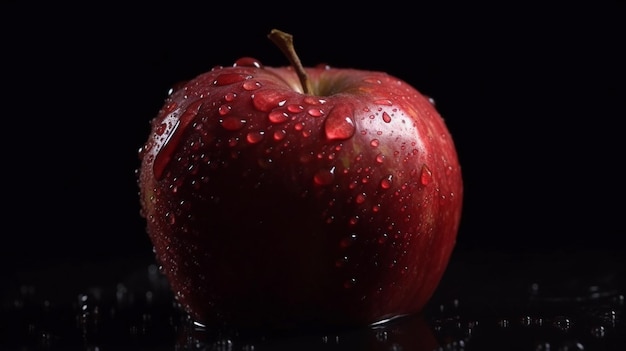 Manzana roja con gotas de agua y fondo negro