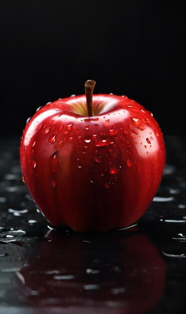 Manzana roja con gotas de agua en fondo oscuro