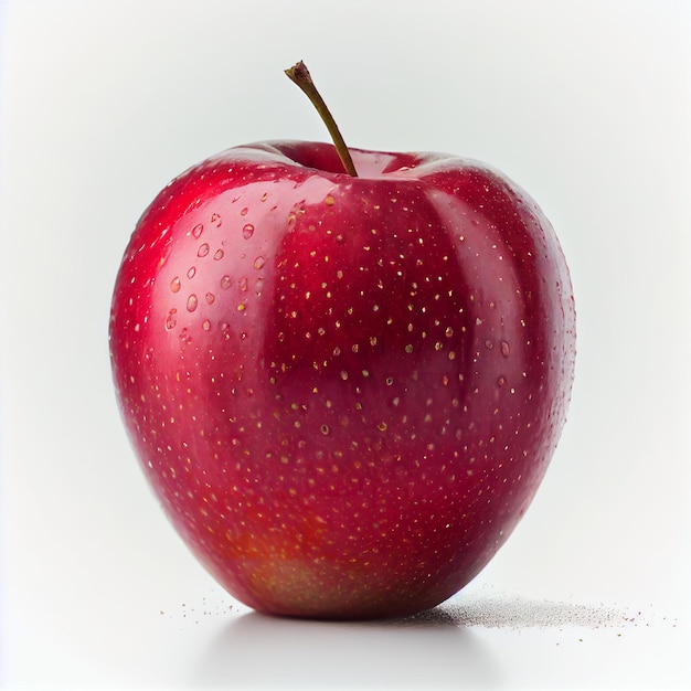 Una manzana roja con gotas de agua sobre fondo blanco.