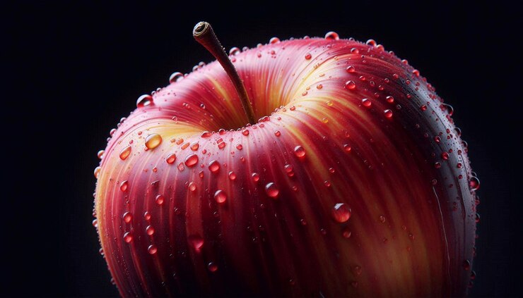 Una manzana roja con gotas de agua en su superficie contra un fondo oscuro