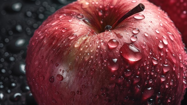 Una manzana roja con gotas de agua