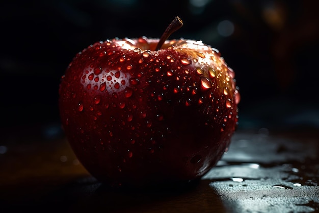 Una manzana roja con gotas de agua