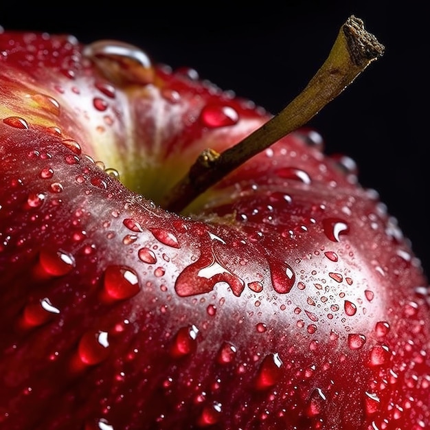 Manzana roja con gotas de agua.