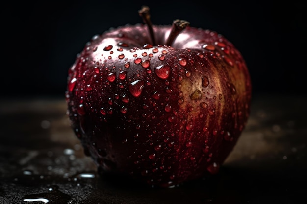 Una manzana roja con gotas de agua