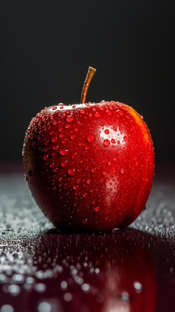 una manzana roja con gotas de agua