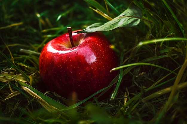 Manzana roja en la hierba verde