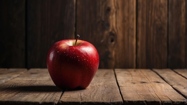Manzana roja con hoja en un telón de fondo de madera rústica