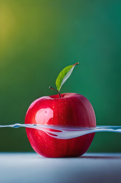 Manzana roja con hoja verde en el agua