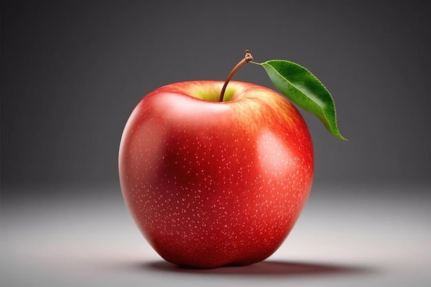 Una manzana roja con una hoja verde