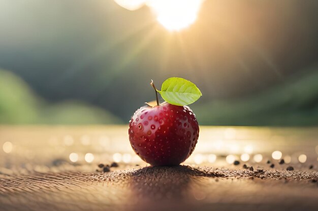 Una manzana roja con una hoja verde