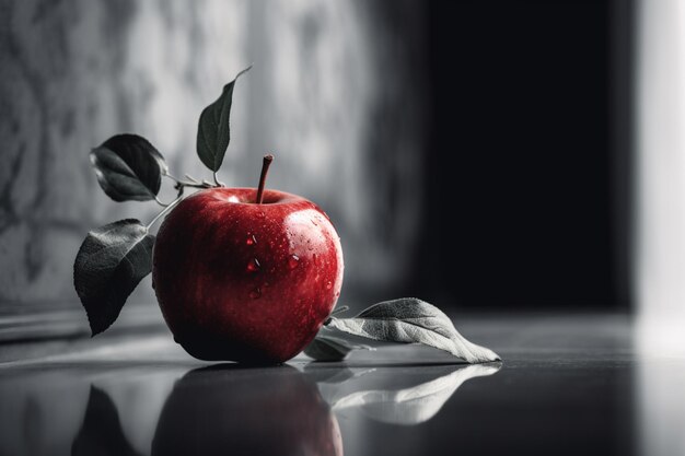 Una manzana roja con hojas sobre la mesa.