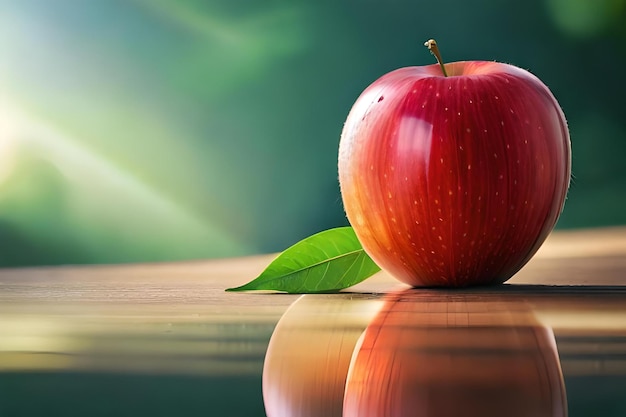 Foto una manzana roja con hojas verdes sobre una mesa.