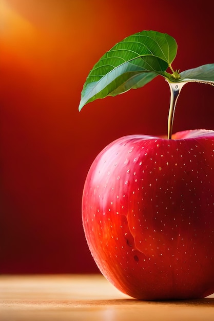 Una manzana roja con hojas verdes