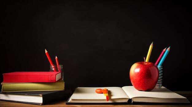 Una manzana roja y un lápiz sobre una pila de libros con un libro sobre la mesa.