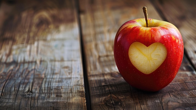 Una manzana roja madura con un recorte en forma de corazón se sienta en una mesa de madera que simboliza una alimentación saludable o el amor