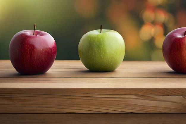 Una manzana roja y una manzana verde se sientan en una mesa de madera.