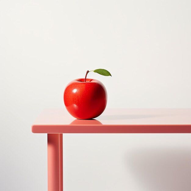 una manzana roja en una mesa roja con una hoja verde en ella