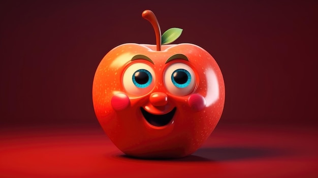 Una manzana roja con ojos azules y una gran sonrisa en la cara.