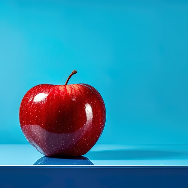 Foto una manzana roja con una parte superior moteada blanca se sienta en una mesa azul